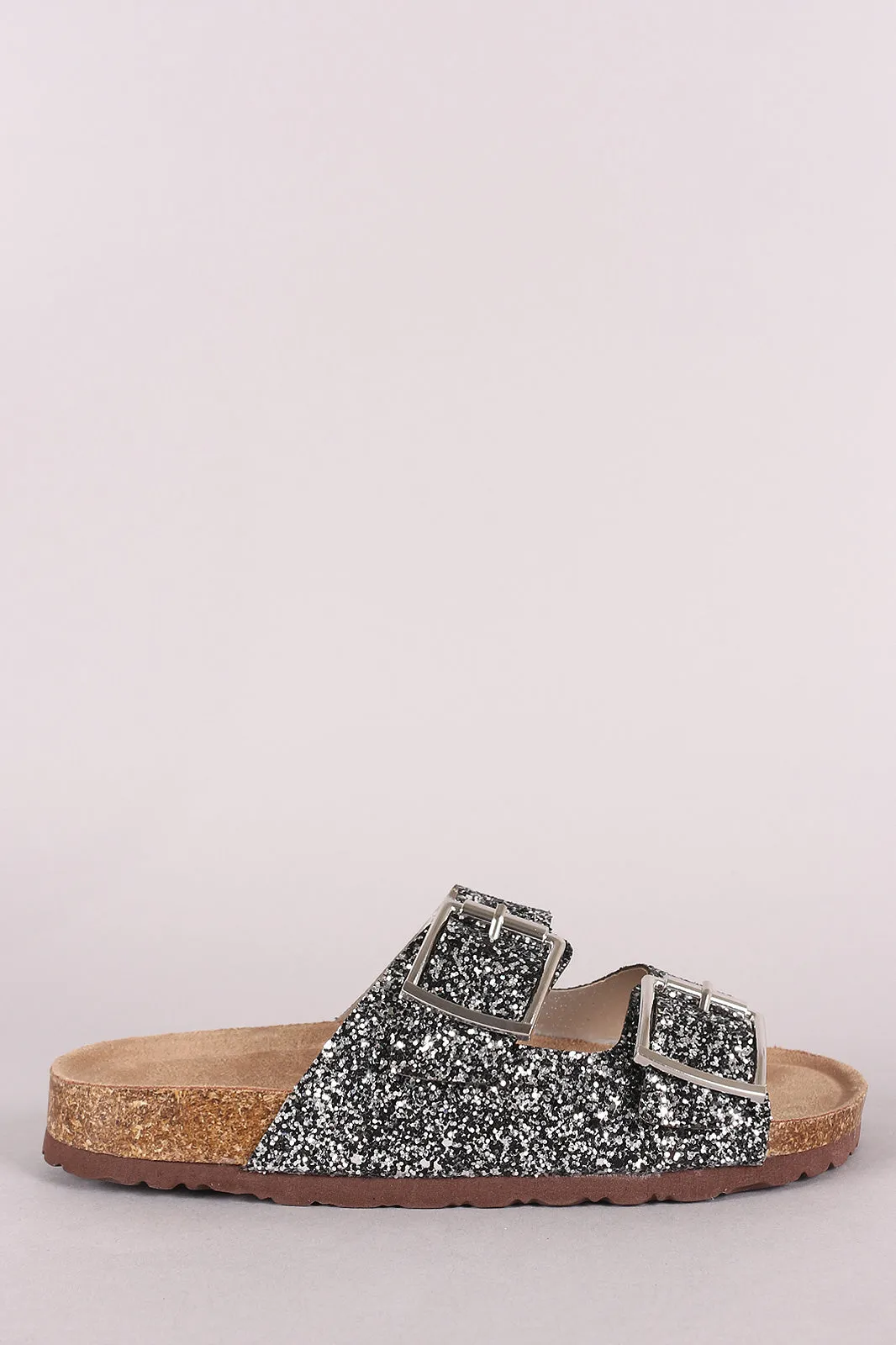 Glitter Double Buckle Strap Slide Sandal