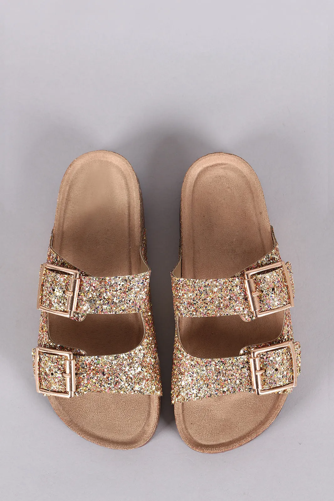 Glitter Double Buckle Strap Slide Sandal