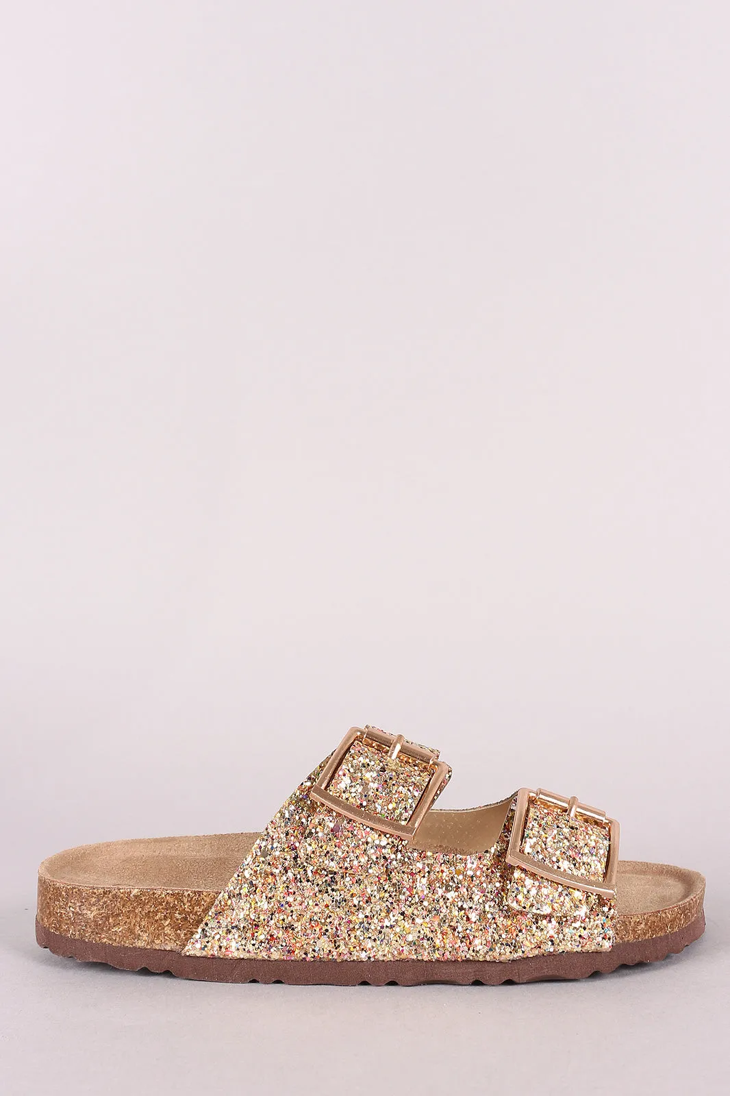 Glitter Double Buckle Strap Slide Sandal