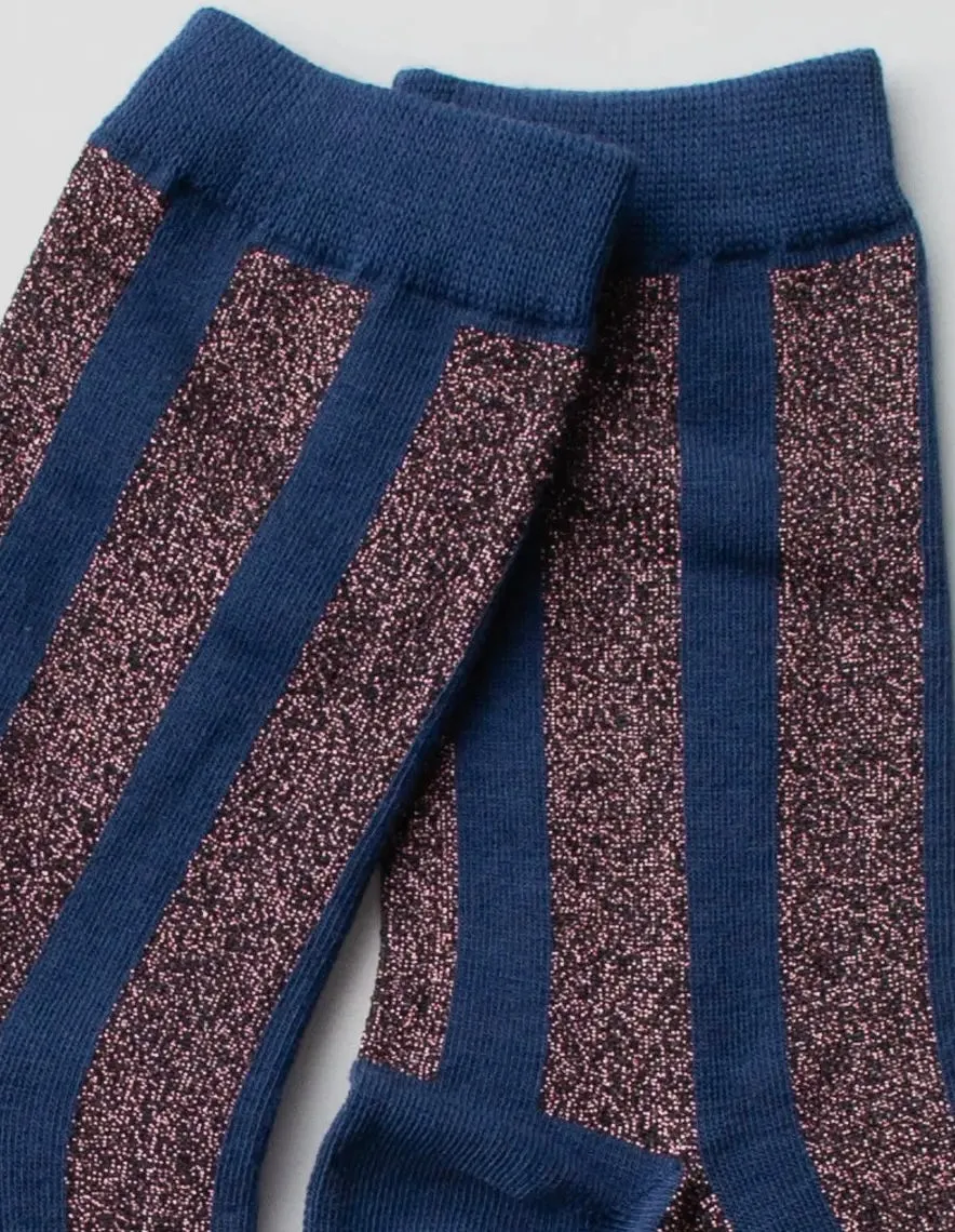Glitter Striped Crew Socks in Navy & Gold