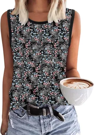 KISSMODA Womens Flora Print Tank Tops Ribbed Summer Shirt Sleeveless Summer Casual Women Blouses（S-3XL）