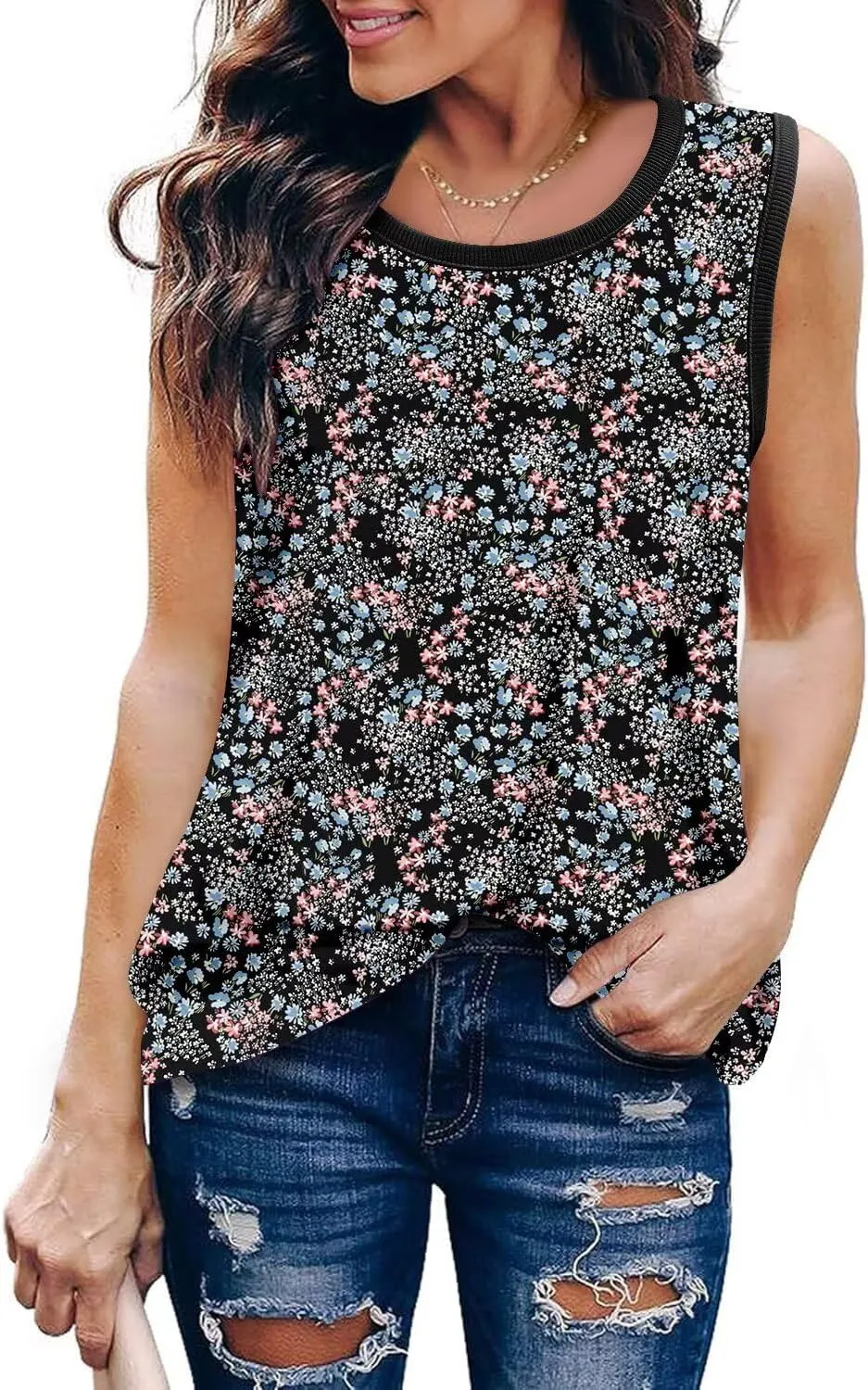 KISSMODA Womens Flora Print Tank Tops Ribbed Summer Shirt Sleeveless Summer Casual Women Blouses（S-3XL）