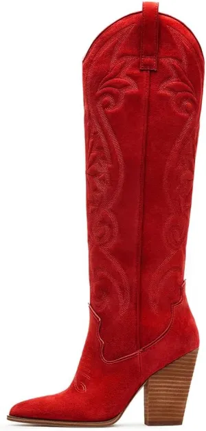 VOMIRA Knee High Cowboy Boots for Women Pointed Toe Chunky High Heels Pull-on Embroidered Boots Western Boots Wide Calf Cowgirl Boots VOMIRA Knee High Cowboy Boots for Women Pointed Toe Chunky High Heels Pull-on Embroidered Boots Western Boots Wide Calf Cowgirl Boots