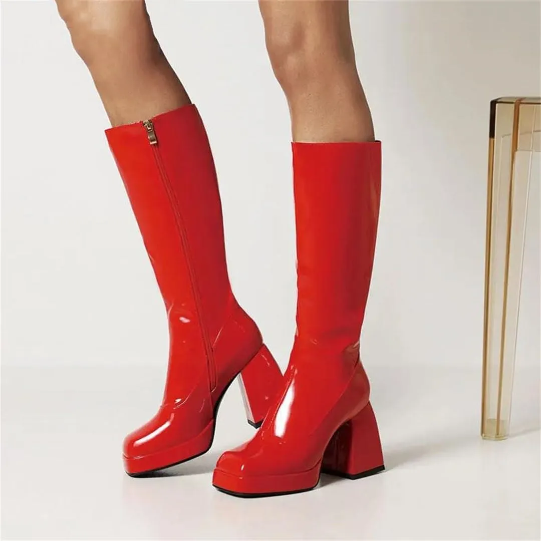 Women Knee High Boots Platform Thick High Heel Calf Boots Patent Leather Square Toe Zip Boots