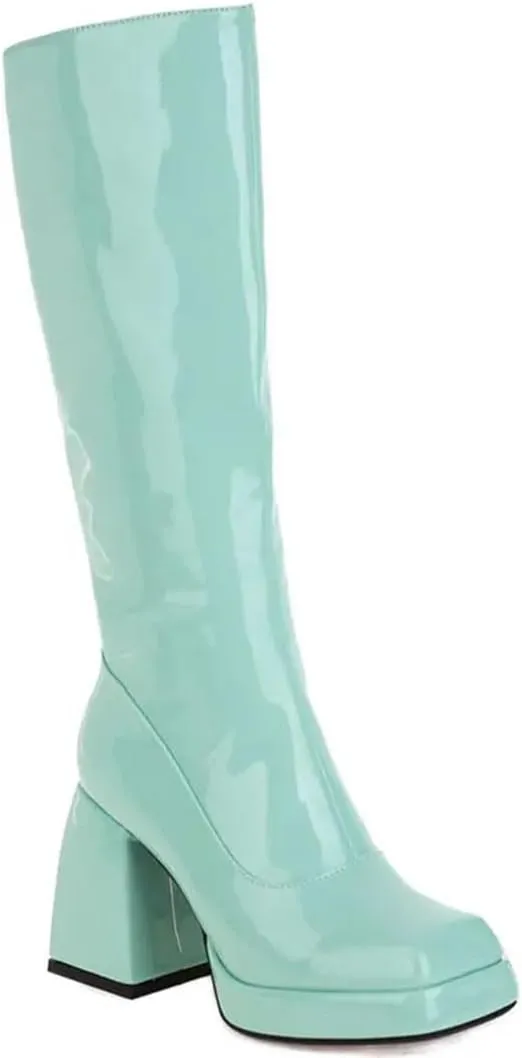 Women Knee High Boots Platform Thick High Heel Calf Boots Patent Leather Square Toe Zip Boots