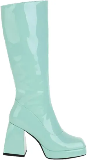 Women Knee High Boots Platform Thick High Heel Calf Boots Patent Leather Square Toe Zip Boots