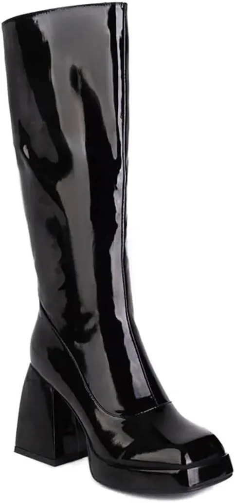 Women Knee High Boots Platform Thick High Heel Calf Boots Patent Leather Square Toe Zip Boots