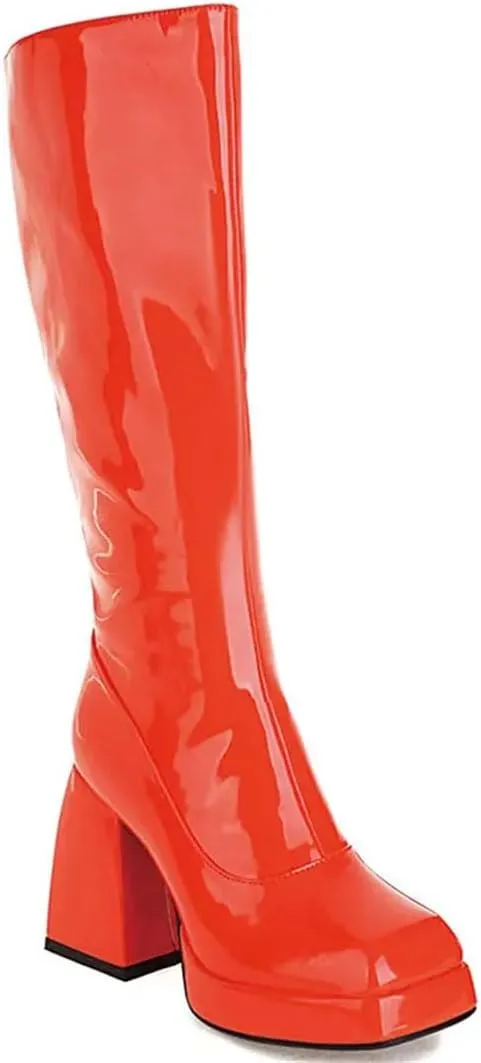 Women Knee High Boots Platform Thick High Heel Calf Boots Patent Leather Square Toe Zip Boots